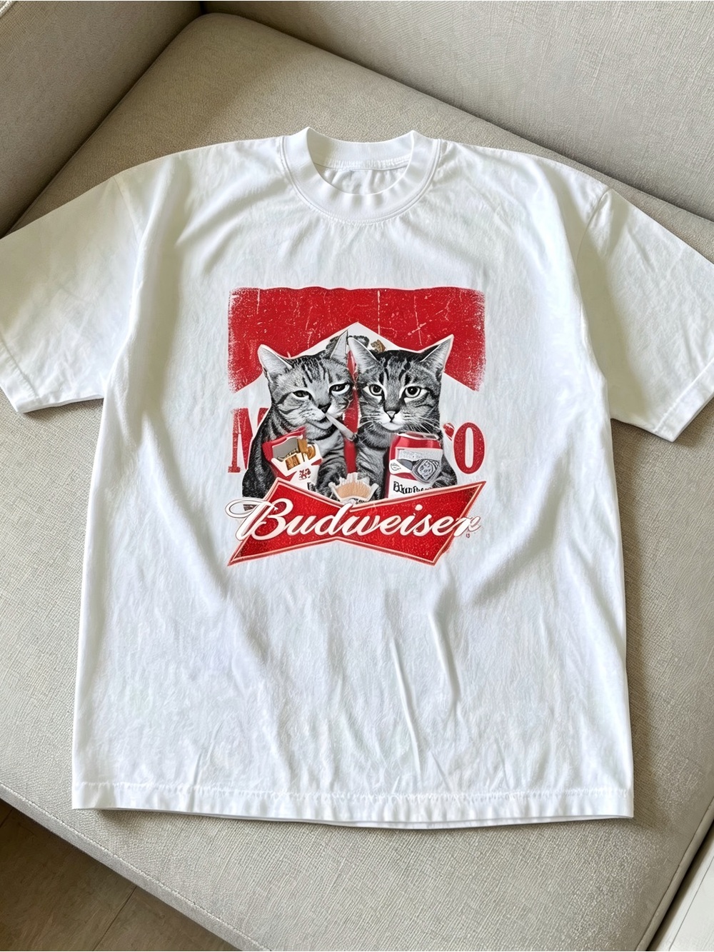 Budweiser White with Red-Accent Cat Graphic Women Men T-shirt Unisex